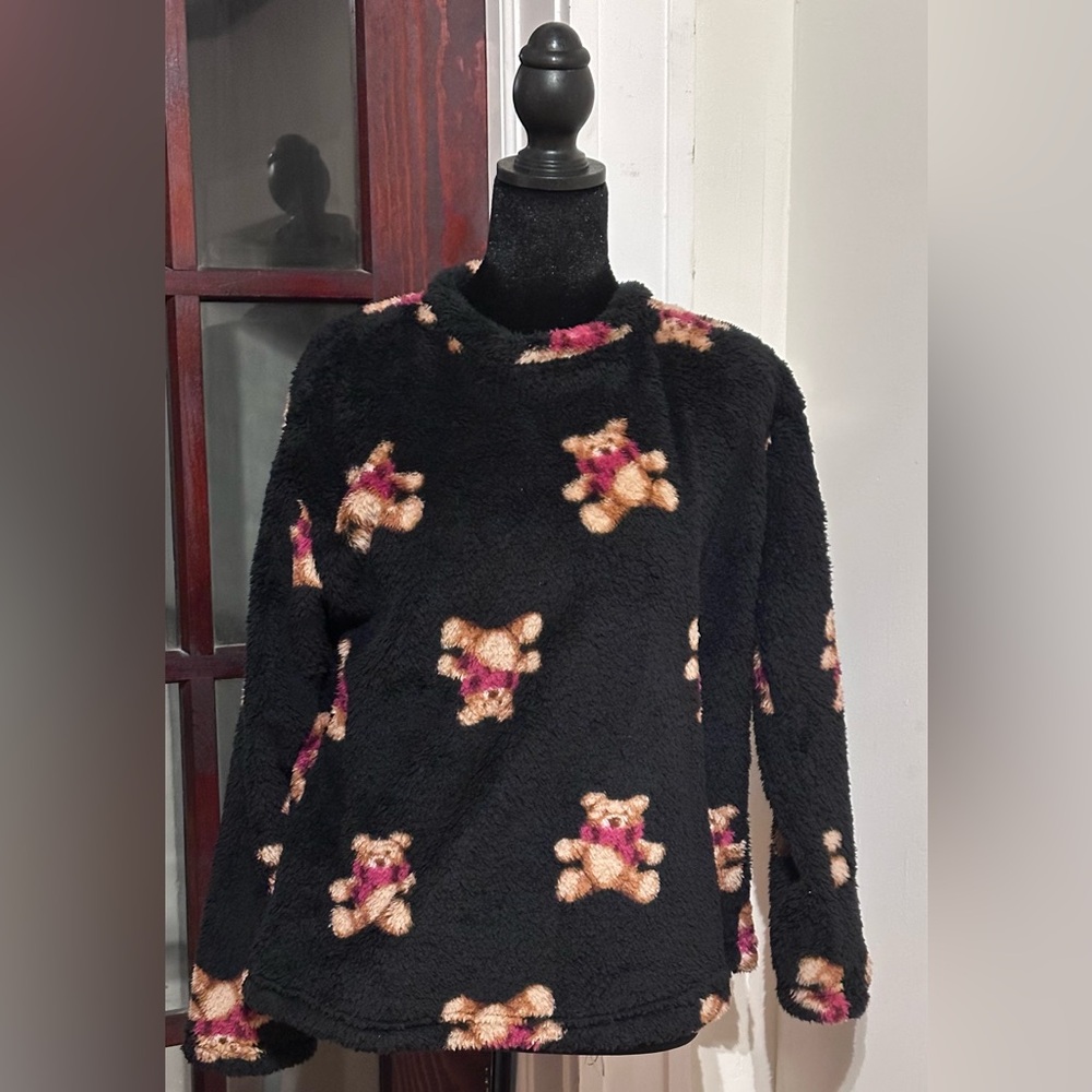 Joyspun Women's Plush Long Sleeve Lounge/Sleepwear Top S(4-6) Black~Teddy Bears